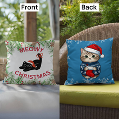 Have a Very Meowy Christmas with 2 Adorable Santa Cats on Reversible Indoor/Outdoor Pillow